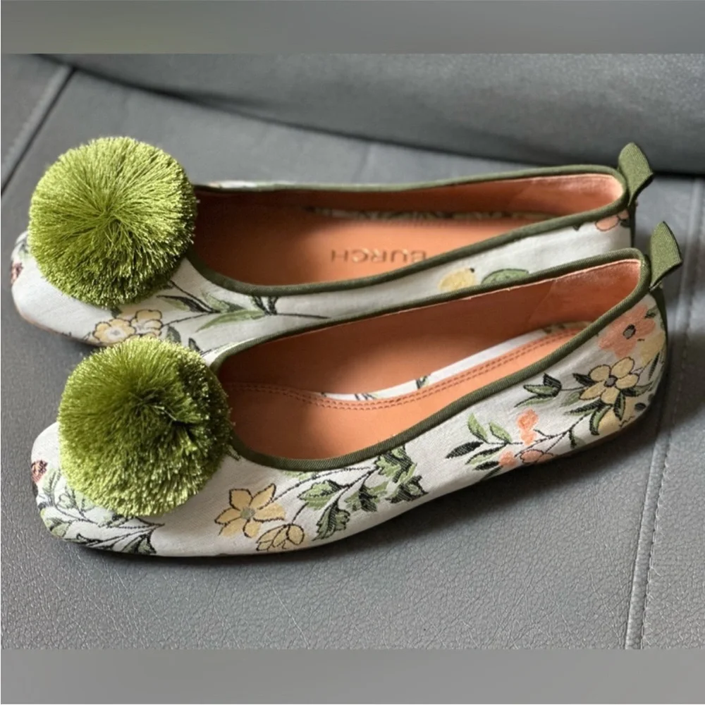 Tory Burch Floral Canvas Ballet Flats with Green Pom Pom - Picture 2 of 13